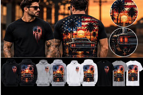 American Sunset Muscle Car front and back design preview