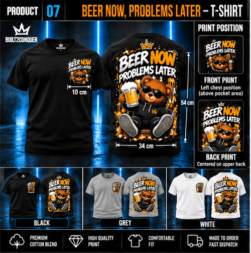 BUILT2CONQUER beer-now T-shirt consistent black grey white front back layout