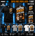 BUILT2CONQUER coffee-first T-shirt consistent black grey white front back layout