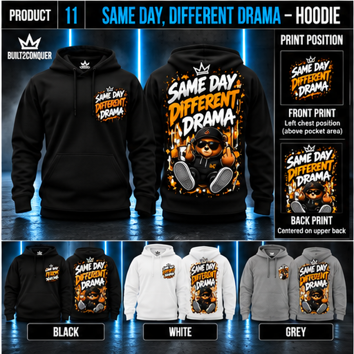 BUILT2CONQUER same day hoodie front and back black white grey consistent product layout