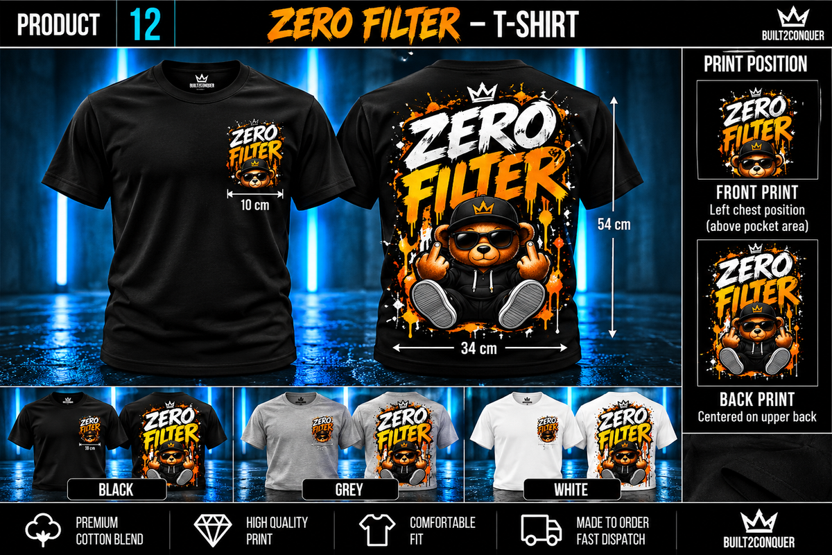 Zero Filter orange teddy bear T-shirt black grey white matching branded layout
