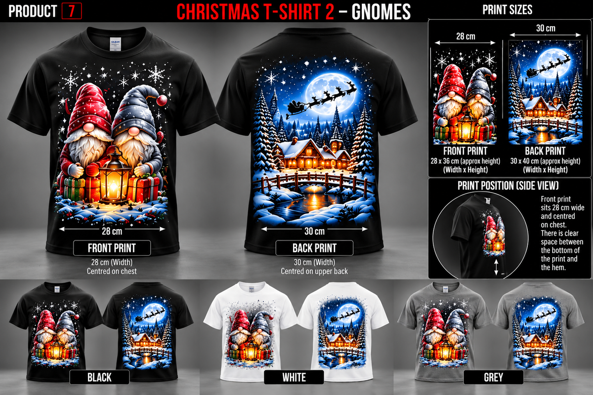 Christmas Gnomes T-shirt front and back black white grey; approximate print sizes