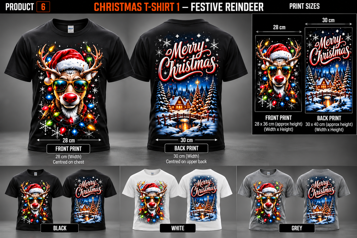 Christmas Festive Reindeer T-shirt front and back black white grey; illustrative print dimensions