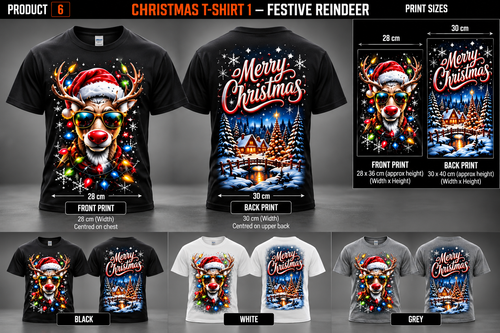 Christmas Festive Reindeer T-shirt front and back black white grey; illustrative print dimensions