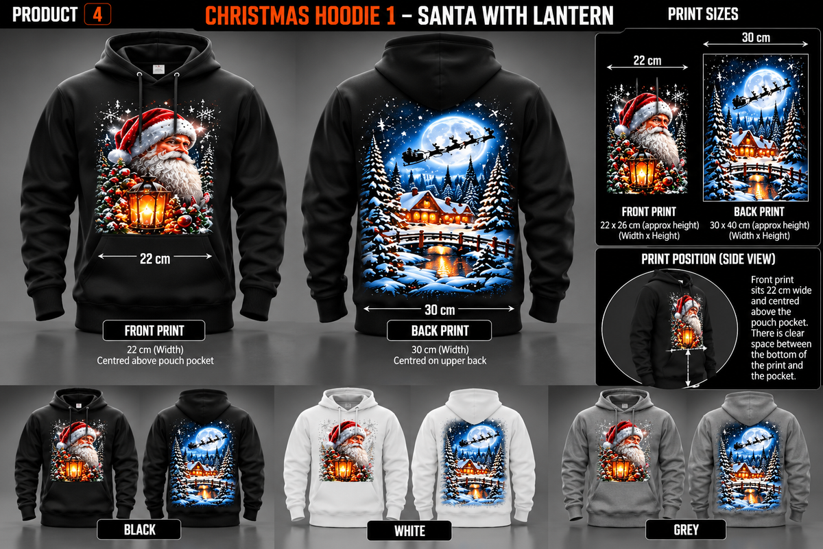 Santa with Lantern Hoodie black white grey front back mockup; illustrative print measurements