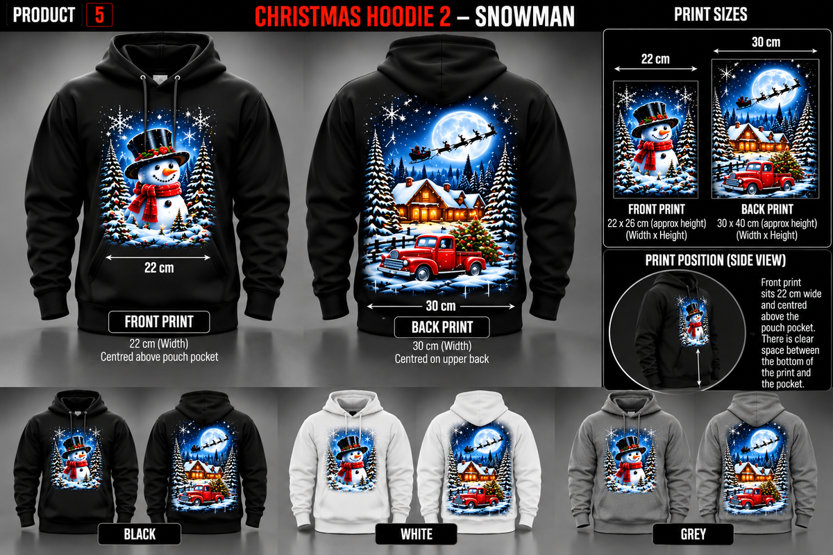 Christmas Snowman Hoodie front and back in black white grey; print dimensions illustrative