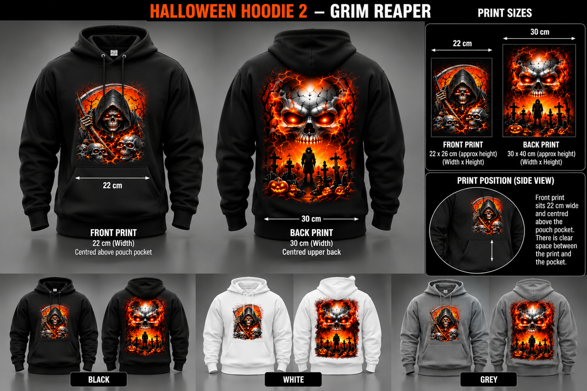 Grim Reaper Hoodie mockup front and back, black white grey, illustrative print placement