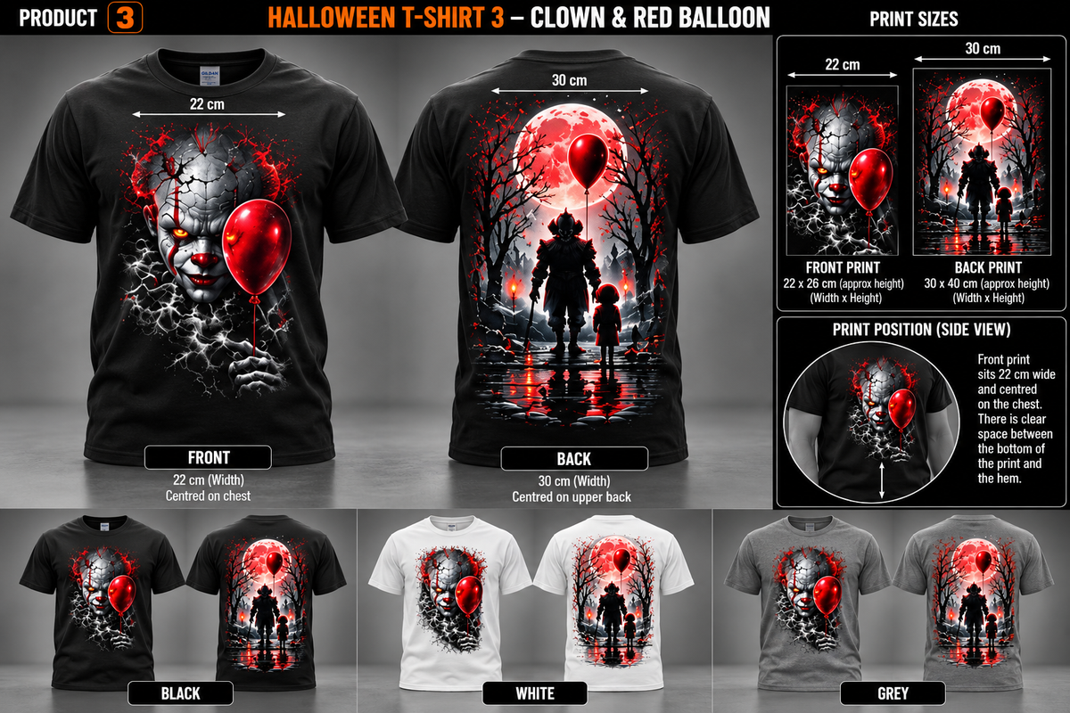 Halloween Clown and Red Balloon T-shirt front and back black white grey mockup; illustrative print measurements