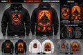 Halloween Hoodie 1: front and back, black white and grey, print placement guide