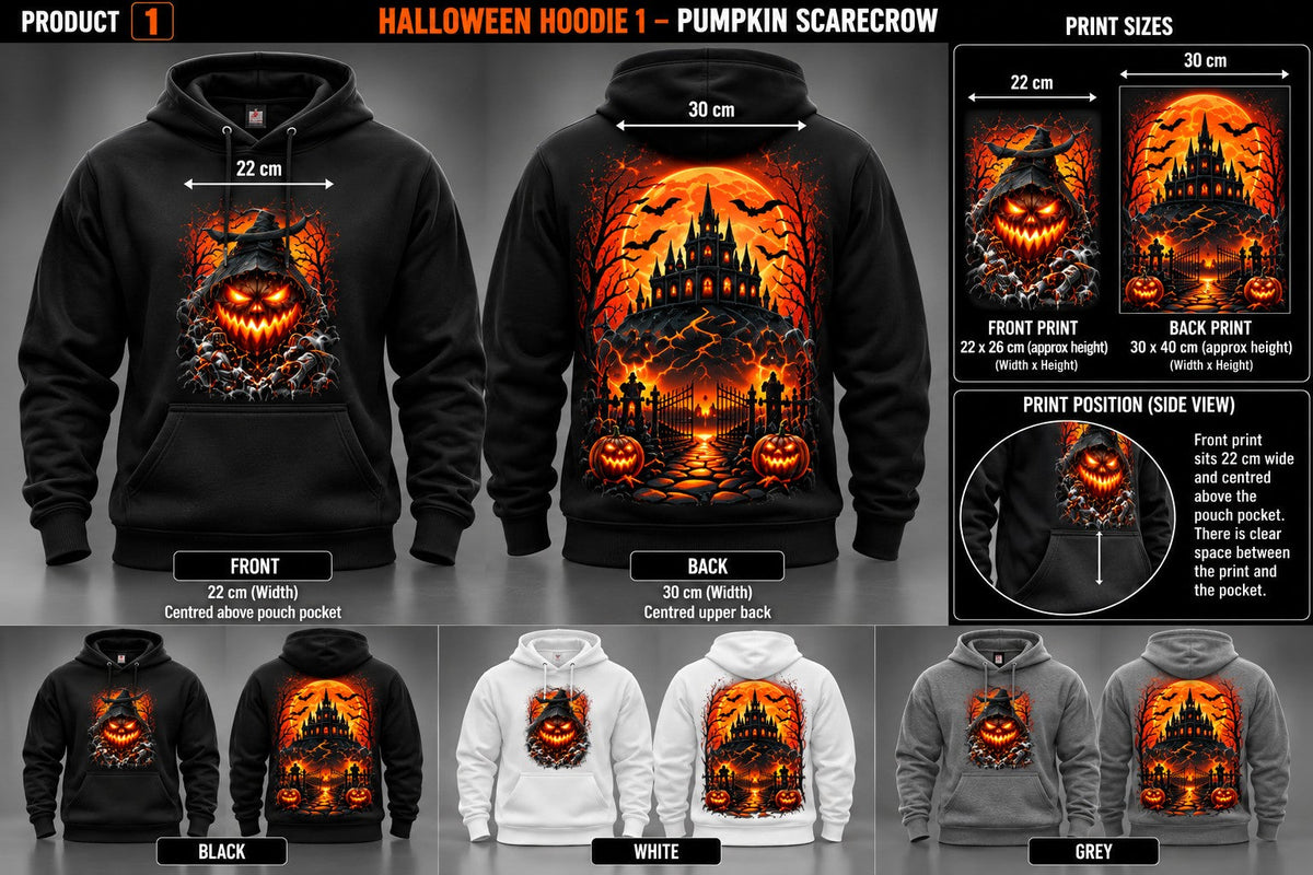 Halloween Hoodie 1: front and back, black white and grey, print placement guide