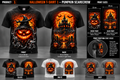 Halloween Pumpkin Scarecrow T-shirt front back and three colours; measurements illustrative