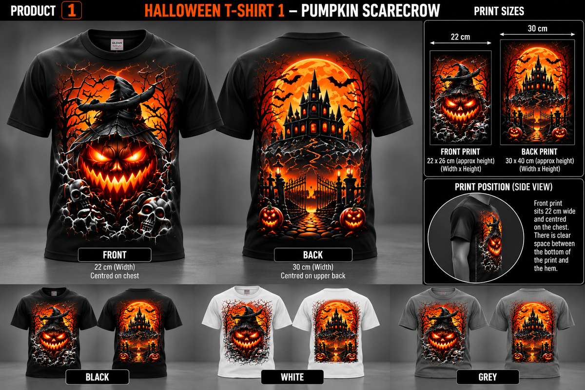 Halloween Pumpkin Scarecrow T-shirt front back and three colours; measurements illustrative