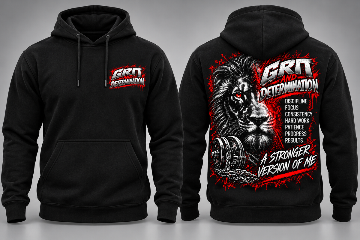 GRIT AND DETERMINATION hoodie black front chest logo and large lion back print studio mockup