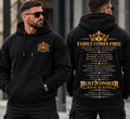 Male model wearing black House of Kings Family Comes First hoodie front and back