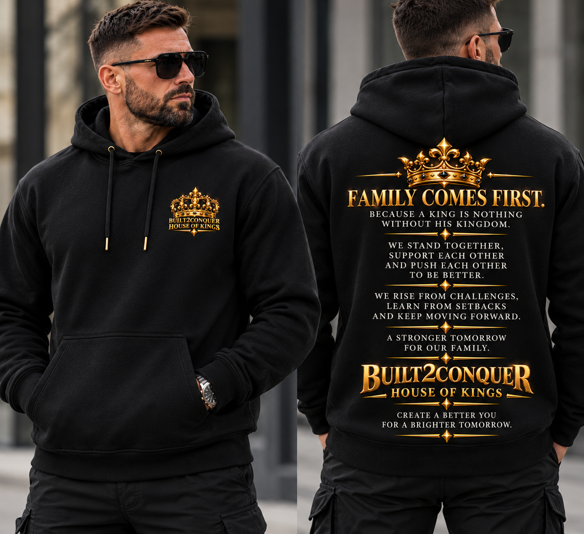 Male model wearing black House of Kings Family Comes First hoodie front and back