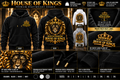 House of Kings premium hoodie mockup, black white grey, front and back gold lion, 3D chest logo, heat neck label concept