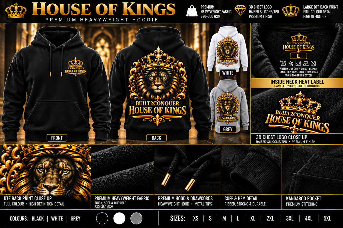 House of Kings premium hoodie mockup, black white grey, front and back gold lion, 3D chest logo, heat neck label concept