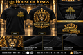 House of Kings premium heavyweight T-shirt concept mockup with front and back gold artwork, 3D chest logo and heat neck label