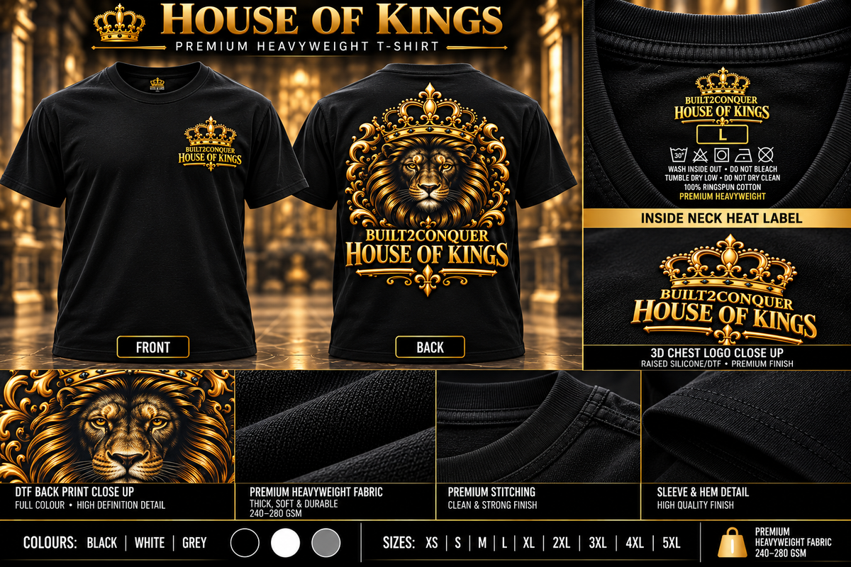 House of Kings premium heavyweight T-shirt concept mockup with front and back gold artwork, 3D chest logo and heat neck label