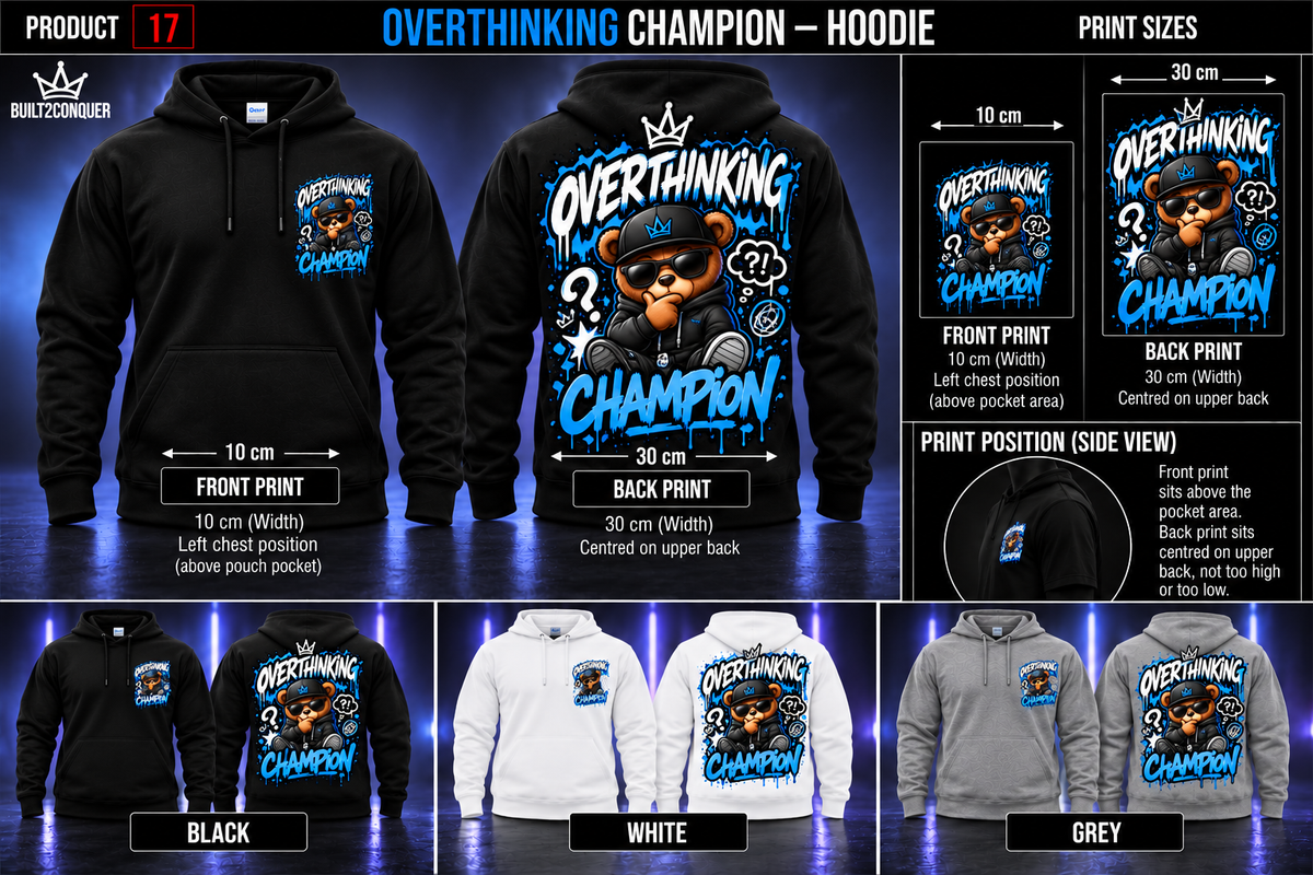 Overthinking Champion hoodie black white grey front and back